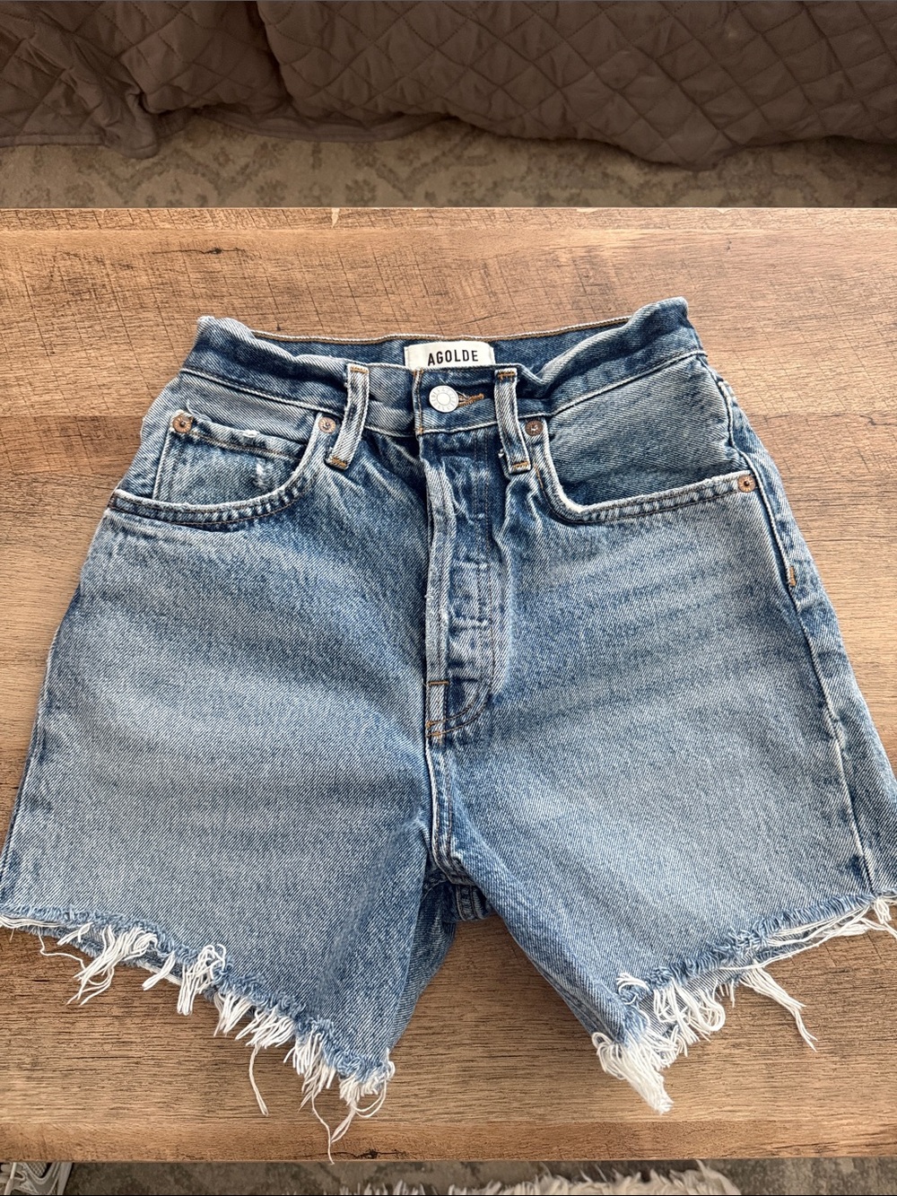 AGOLDE High-Rise Frayed Hem Denim Shorts Riley Sz 23